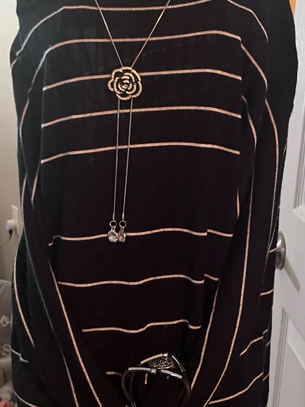 Women's Black Striped Sweater - Classic Crewneck